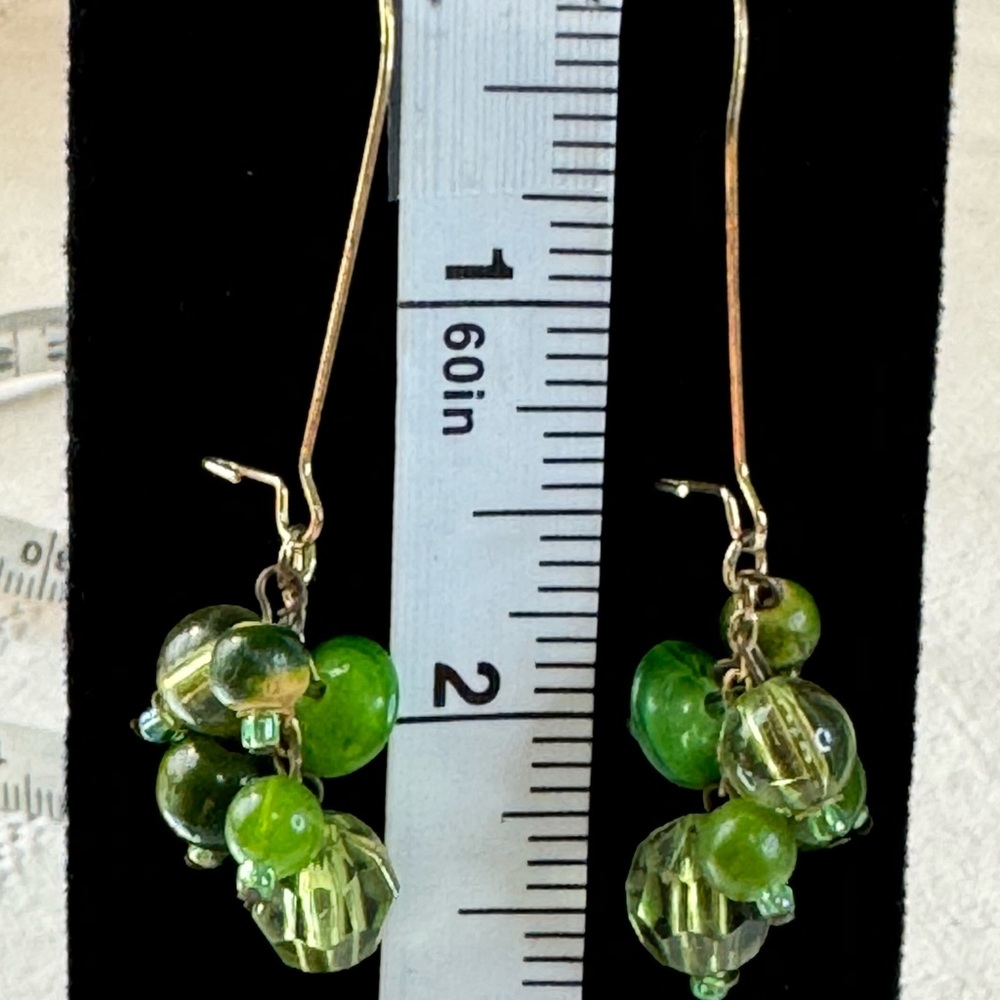 Earrings clear green beads in a cluster 2.5”